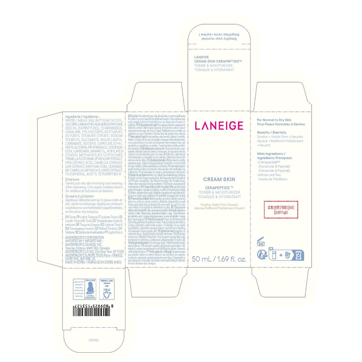 LANEIGE Cream Skin Refillable Toner & Moisturizer with Ceramides and Peptides: Korean Milky Toner, Amino Acid, Nourish, Hydrate, Barrier-Boosting, Visibly Firm