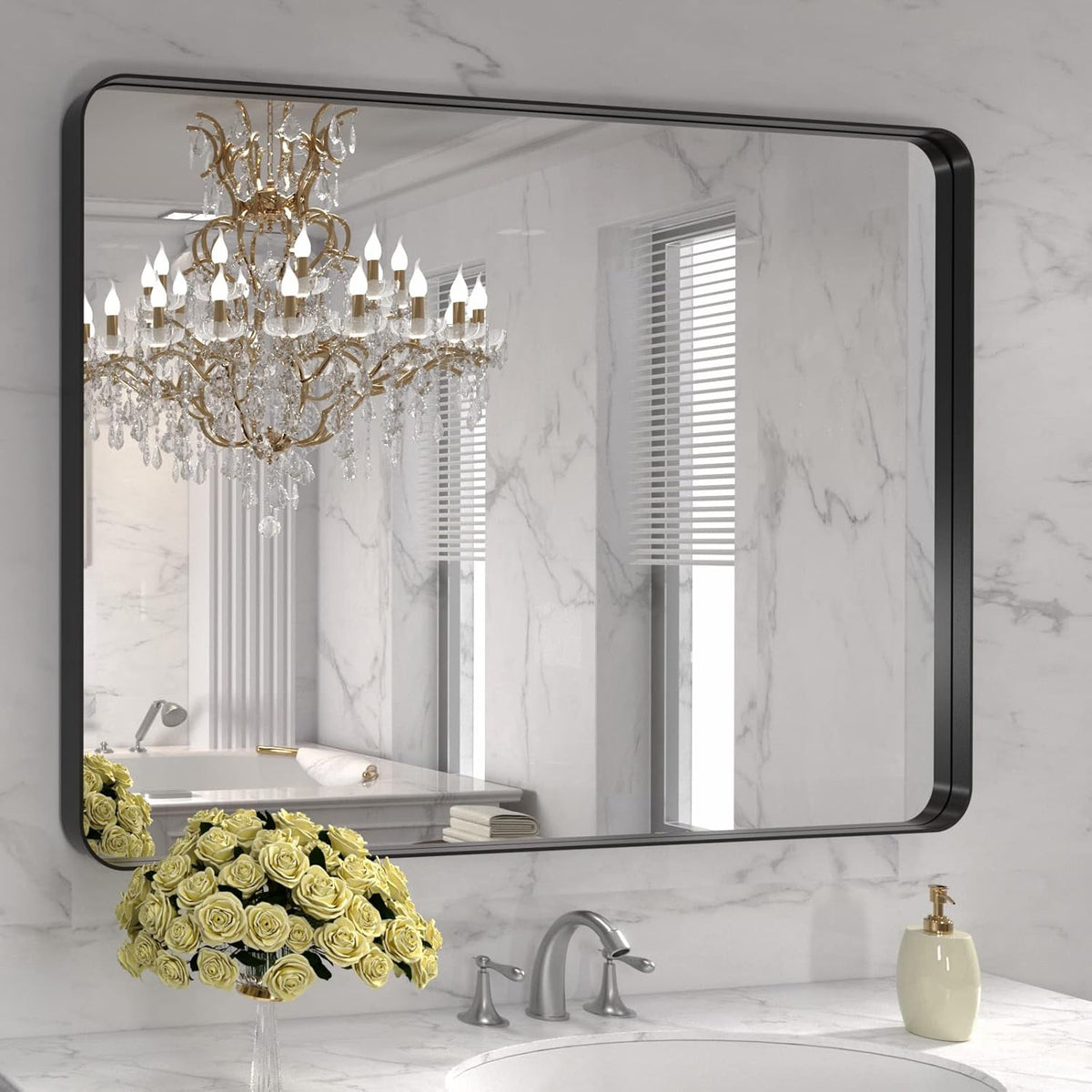 LOAAO Black Metal Framed Bathroom Mirror for Wall, 22X30 Inch Rounded Rectangle Mirror, Matte Black Bathroom Vanity Mirror Farmhouse, Anti-Rust, Tempered Glass, Hangs Horizontally or Vertically