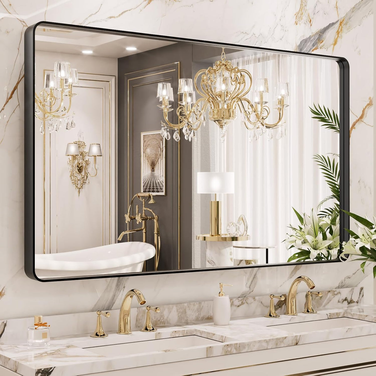 LOAAO Black Metal Framed Bathroom Mirror for Wall, 22X30 Inch Rounded Rectangle Mirror, Matte Black Bathroom Vanity Mirror Farmhouse, Anti-Rust, Tempered Glass, Hangs Horizontally or Vertically