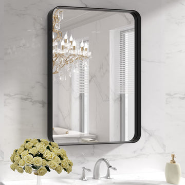 LOAAO Black Metal Framed Bathroom Mirror for Wall, 22X30 Inch Rounded Rectangle Mirror, Matte Black Bathroom Vanity Mirror Farmhouse, Anti-Rust, Tempered Glass, Hangs Horizontally or Vertically