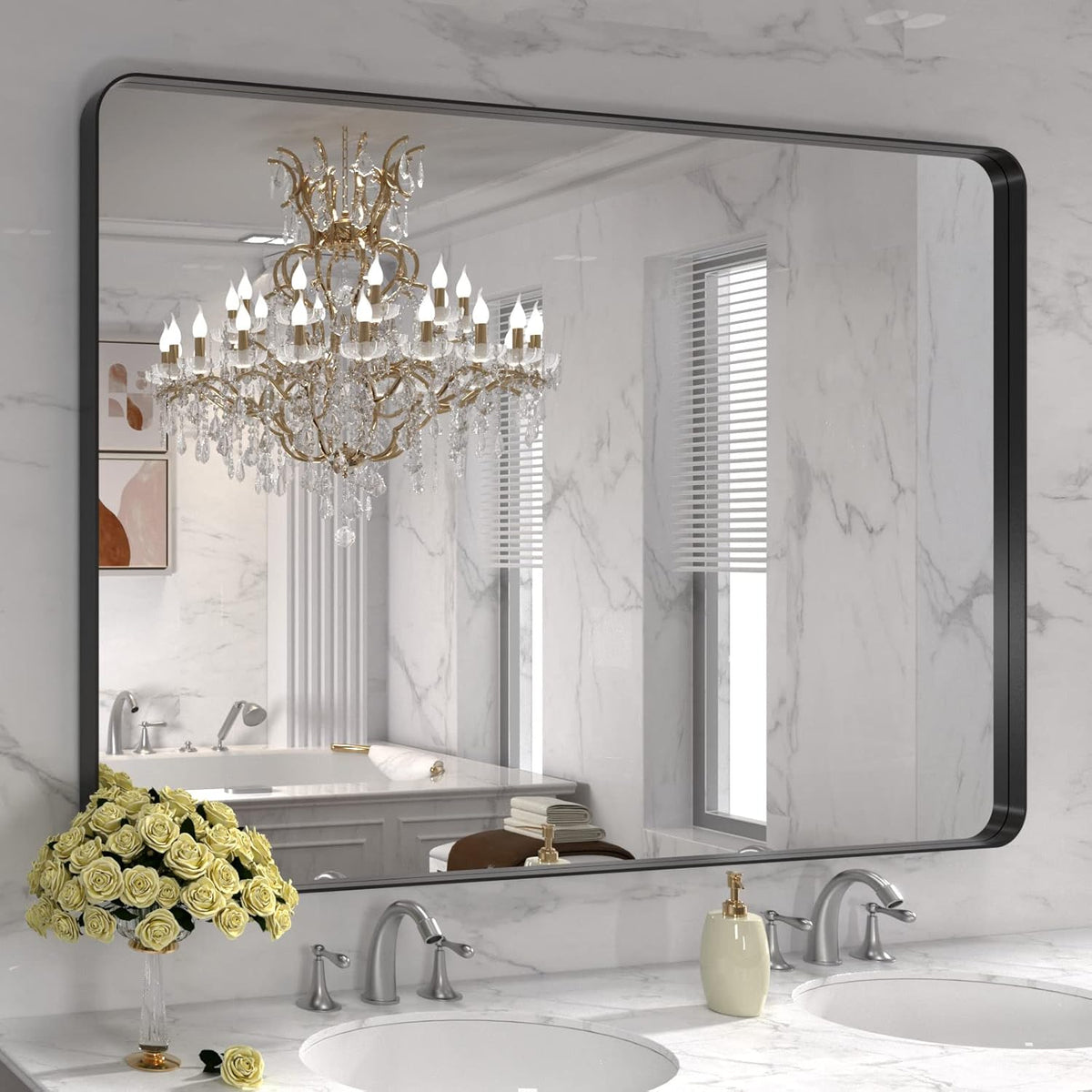 LOAAO Black Metal Framed Bathroom Mirror for Wall, 22X30 Inch Rounded Rectangle Mirror, Matte Black Bathroom Vanity Mirror Farmhouse, Anti-Rust, Tempered Glass, Hangs Horizontally or Vertically