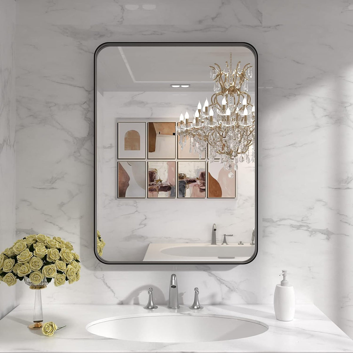 LOAAO Black Metal Framed Bathroom Mirror for Wall, 22X30 Inch Rounded Rectangle Mirror, Matte Black Bathroom Vanity Mirror Farmhouse, Anti-Rust, Tempered Glass, Hangs Horizontally or Vertically